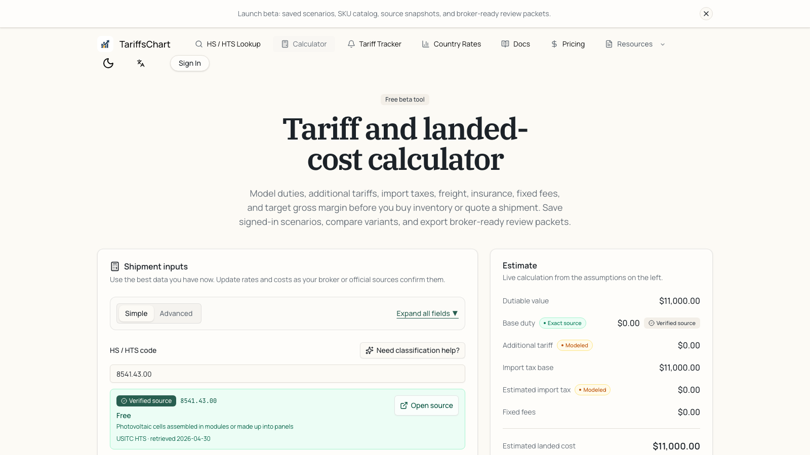 Real TariffsChart landed-cost calculator screen with HTS source handoff